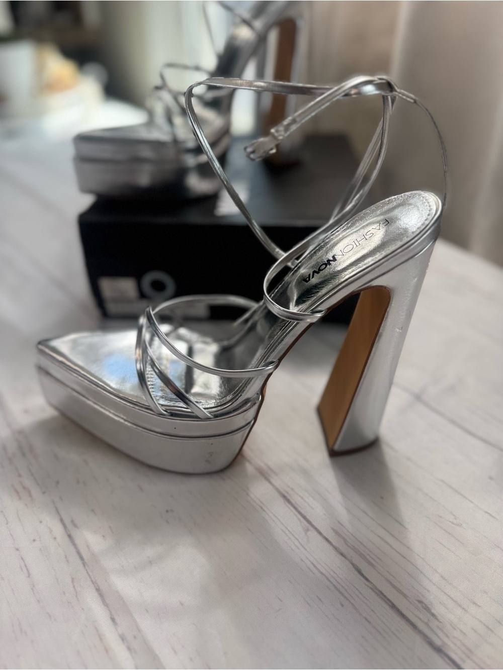 Fashion Nova Metallic Silver Platform Strappy Heels size 11 - Picture 2 of 8